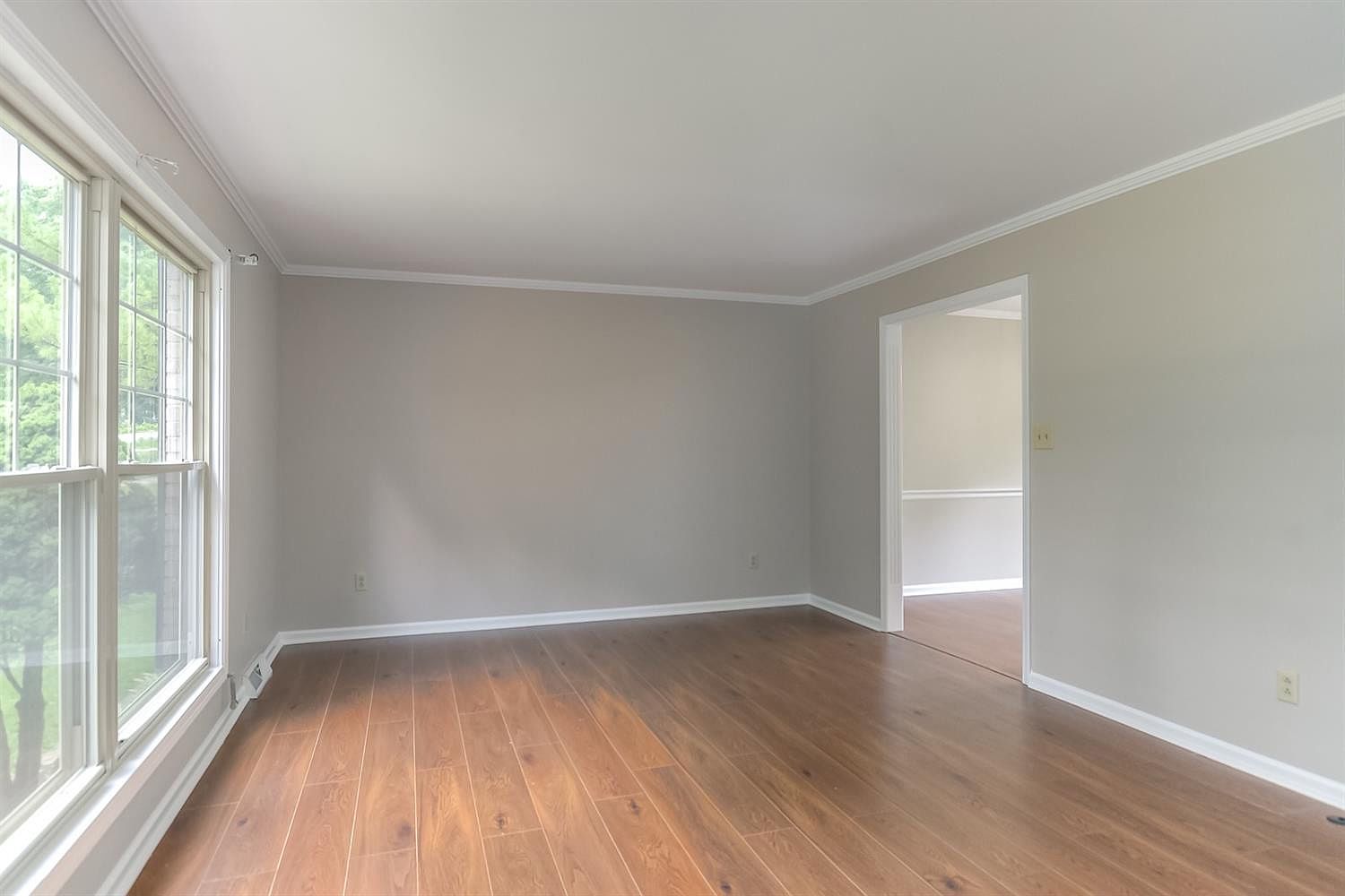 Freshly painted living room with white trim and crown molding – Idylwild Drive, Richmond, KY
